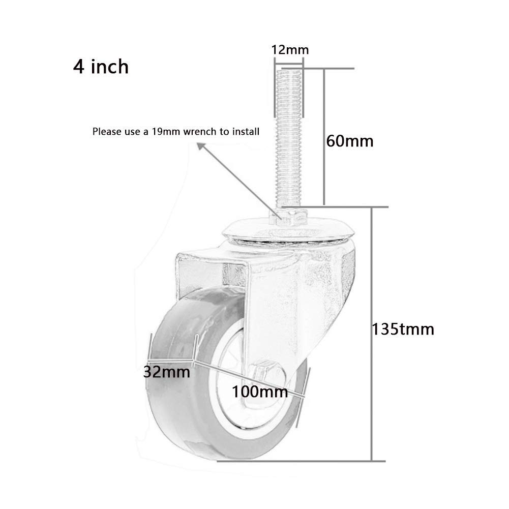 Wytrzymałe kółka skrętne z hamulcem, gwint M12x60 mm, 3 i 4 cale, pojemność 400 kg, uniwersalne kółka do wózków, zestaw 4 sztuk, czerwone i srebrne do transportu przemysłowego