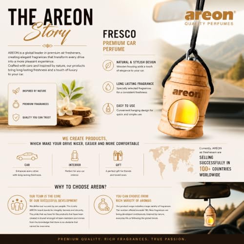 Image of AREON Fresco Premium Hanging Car Air Freshener, Vanilla Black, Pack of 1 | Premium Wooden Hanging Car Air Freshener with an Elegant, Compact Design. Suitable for Use in Cars, SUVs, Vans, and Trucks.