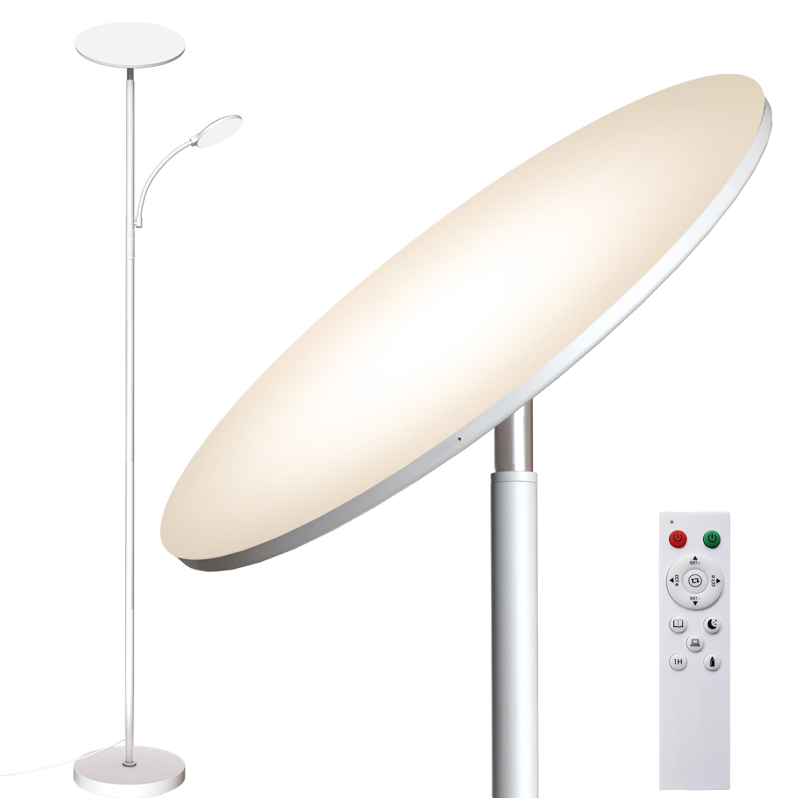 Weiß - Lampada da terra a LED, 44 W, 4500 lm, super luminosa, da soggiorno, dimmerabile, 2700 K-6500 K, da lettura, con telecomando e controllo tattile