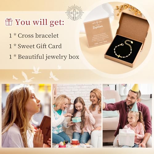 Baby Baptism Cross Bracelet Gift : 18k Gold Plated/Silver Delicate Pearl Cross Bracelets Kids Daughter Granddaughter Birthday First Communion Confirmation Gifts Christian Jewelry for Boys Girls3