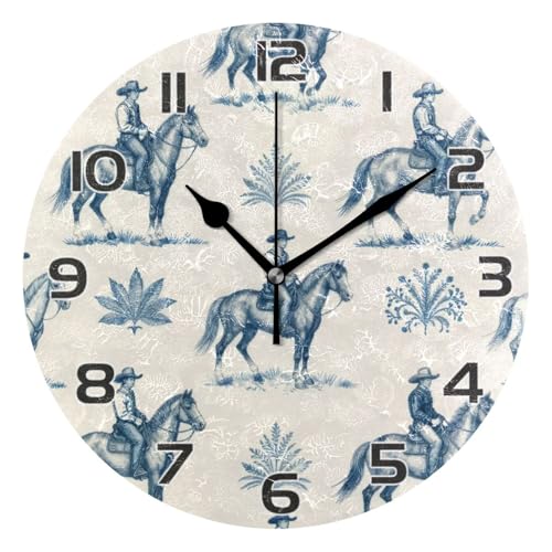 Jinetes De Caballos Vaqueros del Oeste Redondo Relojes De Pared con Números Arábigos Reloj De Cuarzo Silencioso Reloj Redondo para Salón Casa Hogar 25Cm
