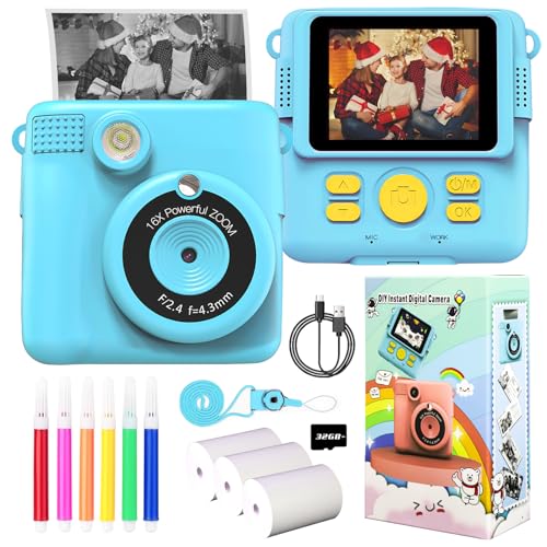 Kids Camera for Girls Boys, Instant Camera for Kids with Print Paper, 1080P HD Digital Camera Toy, Video Recorder, 32GB SD Card, 6 Color Pens, Birthday for 3 4 5 6 7 8 9 10+ Year Old