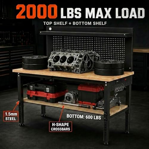 Image of 60'' Adjustable Workbench with Storage Shelf & Pegboard - Max Load 2000 LBS, Heavy Duty Rubber Wood Tabletop Tool Bench with AC /USB Outlet, Garage Organization, Work Benches for Workshop, Office