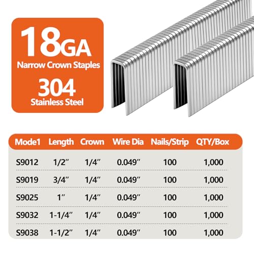 Image of 1000-Count 1 /2- Inch Length 304 Stainless Steel 18 Gauge 1 /4 Inch Narrow Crown Staples, for Pneumatic, Electric 18GA Stapler Gun