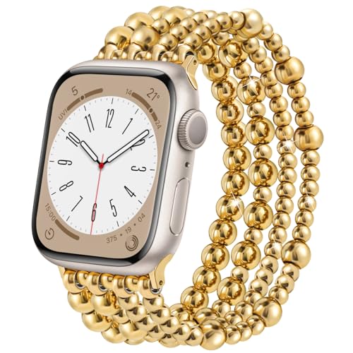 AIRSPO Gold Beaded Bracelets Compatible for Apple Watch Band 38mm 40mm 41mm 42mm Women Fashion Handmade Dressy iPhone Watch Bands Stainless Steel Beads Elastic Strap for iWatch Series 11 10 9 SE 8 7 6 5 4 3 2 1 Gold Bead