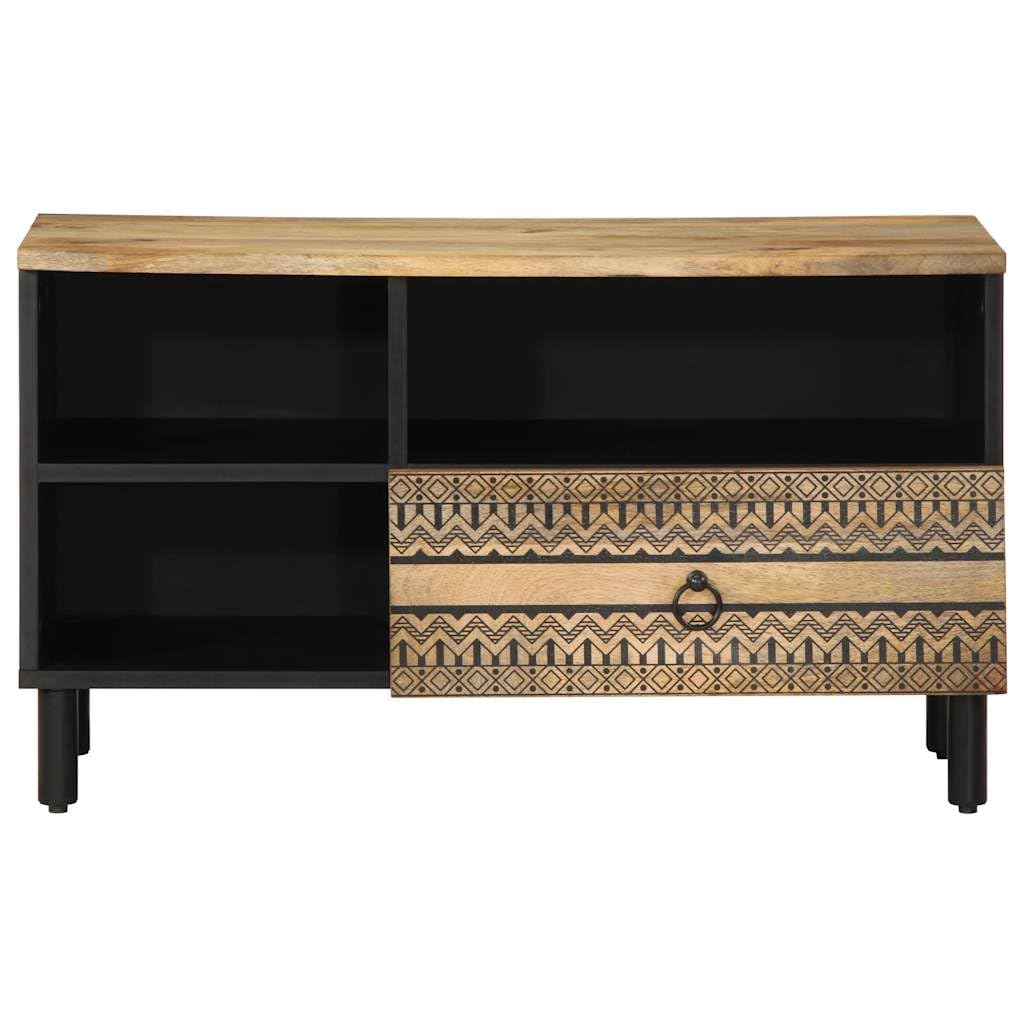 Mobile TV nero in legno di mango grezzo, 80 x 33,5 x 46 cm, con cassetto e scomparto, console multimediale bassa per soggiorno, home theatre gaming, rack HiFi con spazio e ripiano