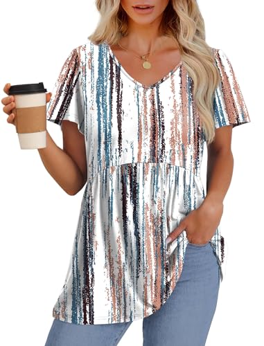Image of OFEEFAN Womens Summer Tops Babydoll Short Sleeve Shirts Puff Sleeve Peplum Tops V Neck T Shirts