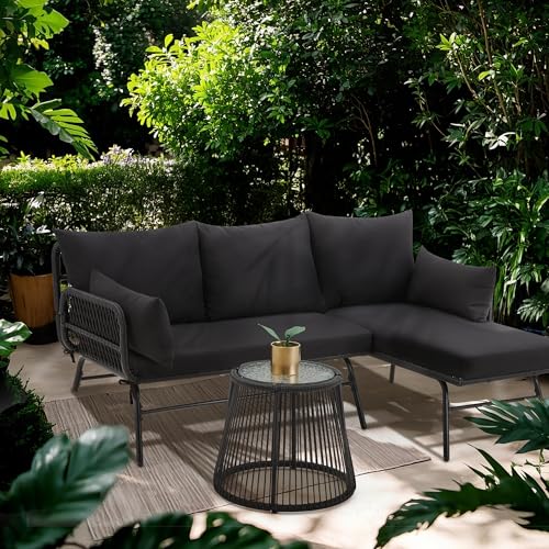 Bezseller 3-Piece Outdoor Patio Furniture Set, L-Shaped Rattan Sectional Sofa with Thick Cushions, Glass Coffee Table – All-Weather Conversation Set for Backyard, Porch, Poolside