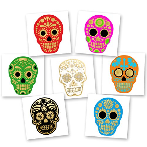 SUGAR SKULLS DE COLORES VARIETY SET of 30 assorted premium waterproof Flash Tattoos, colorful metallic gold and silver temporary tattoos - party supplies, sugar skull, Day of the Dead, Halloween
