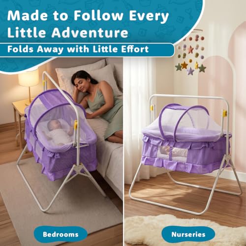 Image of Amazon Brand - Supples New Born Baby Cradle with Swing & Mosquito Net | 0-13 Months | Safety Belt with Lock | Sturdy & Safe | Polypropylene /Mild Steel | J1-Blue - Purple