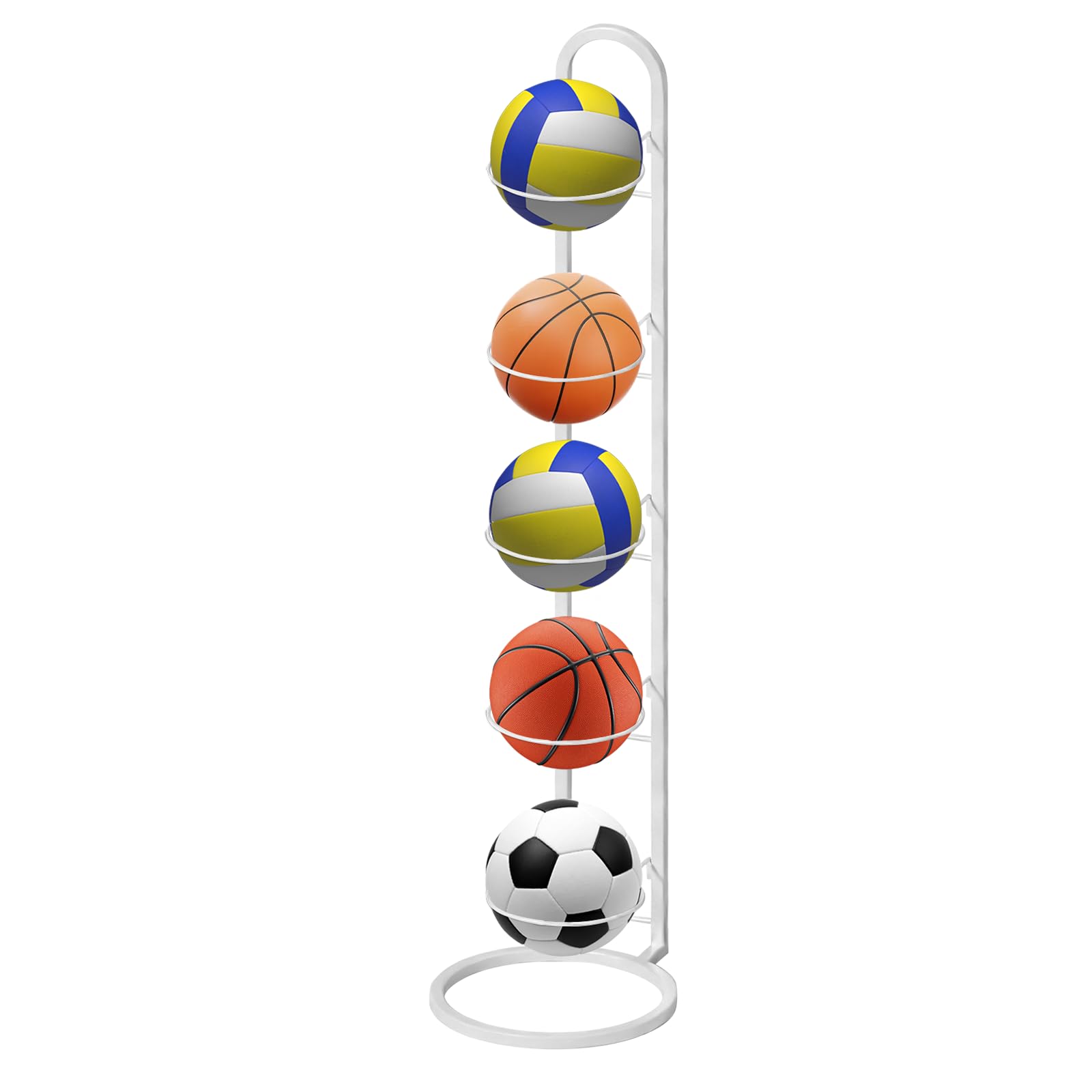 LURICO Soporte de bola vertical de 5 niveles, soporte estable para 5 bolas, extraíble y ahorra espacio, estante de almacenamiento resistente para baloncesto, fútbol y voleibol (blanco)