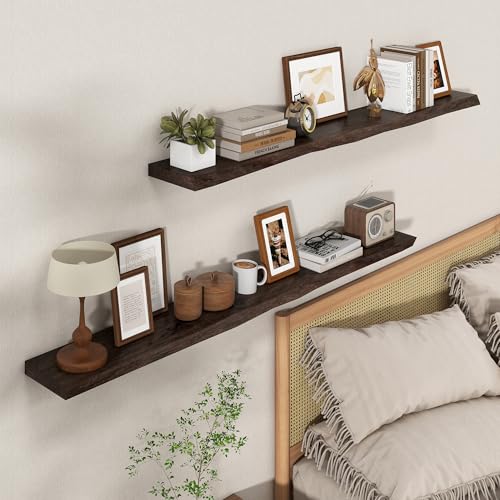 Image of 56 inch Floating Shelves for Wall Live Edge, Walnut | 8 inch Deep Wall Shelf, Invisible Bracket, Large Long Wall Mounted Shelves, Living Room, Bedroom, Kitchen, Bathroom