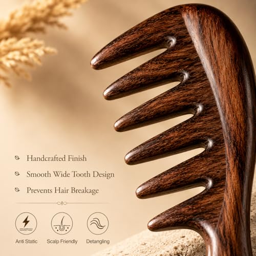 Image of Anti-Hair Fall Indian Rosewood Wooden Comb for Hair - Anti Static Sheeham Wood Comb - Extra Wide Tooth Natural Hair Comb for Men & Women - Handmade Detangling Comb for Curly , Thick & Long Hair - Anti Frizz Scalp Massage - Pack of 1