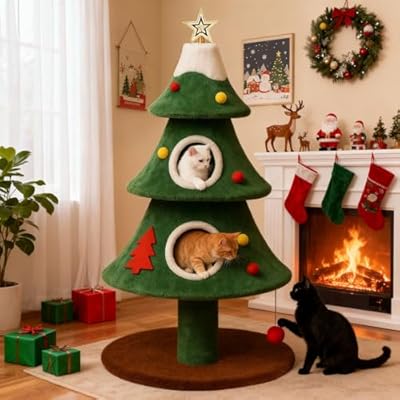 COMHOMA Christmas Cat Tree with 2 Cozy Houses,5...