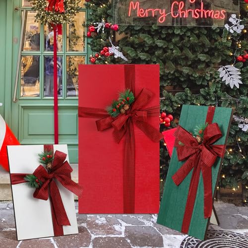 Yousoontic 3 Pcs Large Christmas Wooden Gifts Box Porch Sign Red Green White Presents Standings Sign with Buffalo Plaid Bowknot Decorations Welcome Sign for Indoor Outdoor Front Door Yard Decor