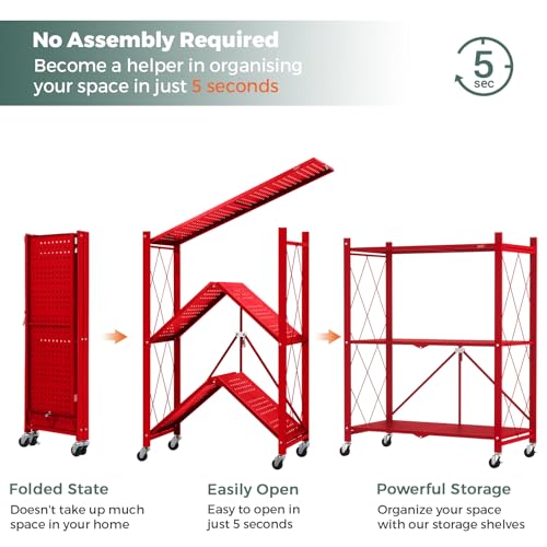 Image of DEANIC 3 Tier Foldable Storage Shelves with Wheels, Kitchen Appliance Stand, Freestanding Metal Wire Shelf Rack, No Assembly Organizer Rolling Cart for Garage, Basement, Pantry(Red Pack of 2)