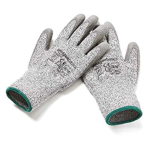 Amazon Basics Cut Resistant Work Gloves, Cut Level A2, Polyurethane Coated Gloves, Touch Screen, Salt And Pepper, Size 8, M, 2-Pair #TOP2