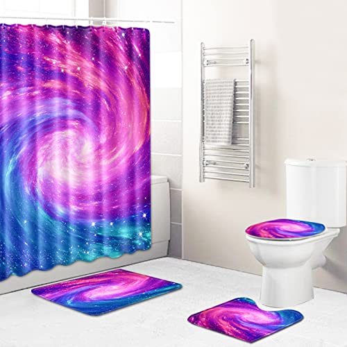 Duschvorhang Rosarot Blau Badematte 4-Teiliges Set, 1 Duschvorhang 180x180 Polyester+1 Badvorleger rutschfeste(50x80)+1…