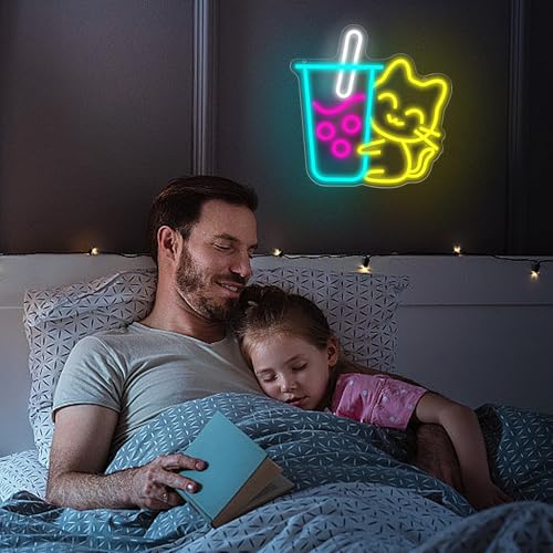 Image of Cat Boba Tea Neon Sign for Wall Decor Dimmable Bubble Tea LED Neon Sign for Cafe Bar Restaurant Coffee Dessert Shop Bedroom Decoration Size13.2 * 13.7In(WZCP019)
