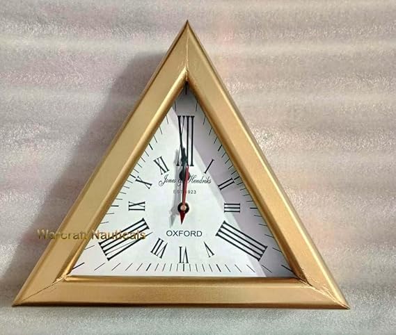 Luxury Golden Finish Wooden Triangle Wall Clock | Luxury Style Plan Glass Roman Number for Home, Hall, Office, Farmhouse Decoration (12 inch, White/Golden) Great Christmas Decor & Gift Item