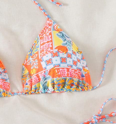 Image of ZAFUL Womens Printed Triangle Bikinis 2 Piece Halter Bikini Sets High Cut Bathing Suit Side Tie Swimsuits