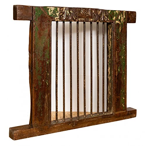 Biscottini Ventana antigua madera maciza 92x79 cm | Ventanas de madera decorativas y funcionales | Ventana vintage madera