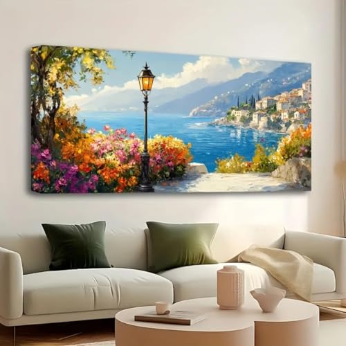 Paysage de fleurs bateau à voile cadre 90x180 cm pour grand salon