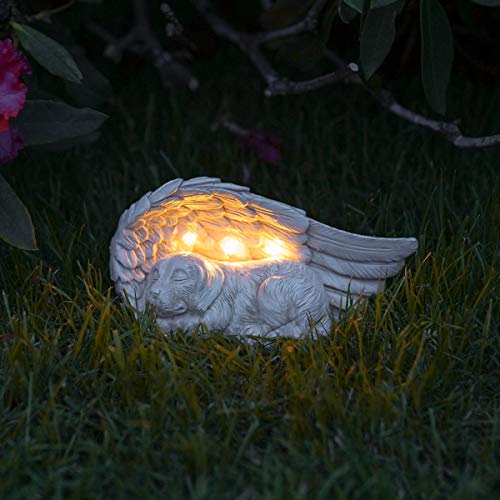 Festive Lights Hund Gedenkstein mit Engelsflügeln – 20 cm solarbetriebenes LED Grablicht, wetterfeste Grabdeko für Tiergrab, Trauerstein aus Kunstharz für Garten