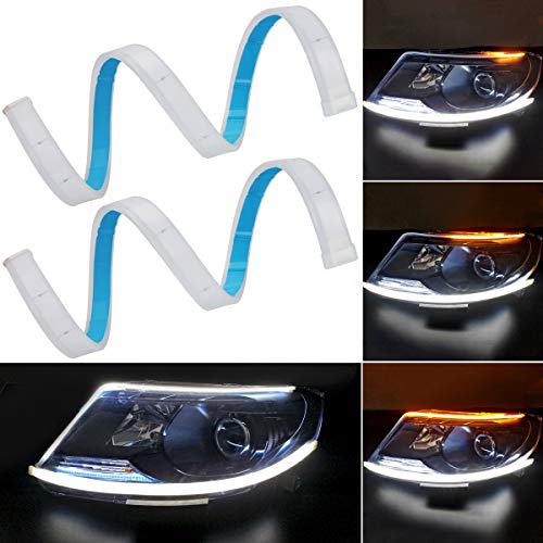 Flexible Led Light Strip 2Pcs 24 Inches Dual Color White-Amber Sequential Switchback DRL LED Kit Waterproof for Car Replacement Switchback Headlight Decorative Lamp Kits and Turn Signal Tube Lights