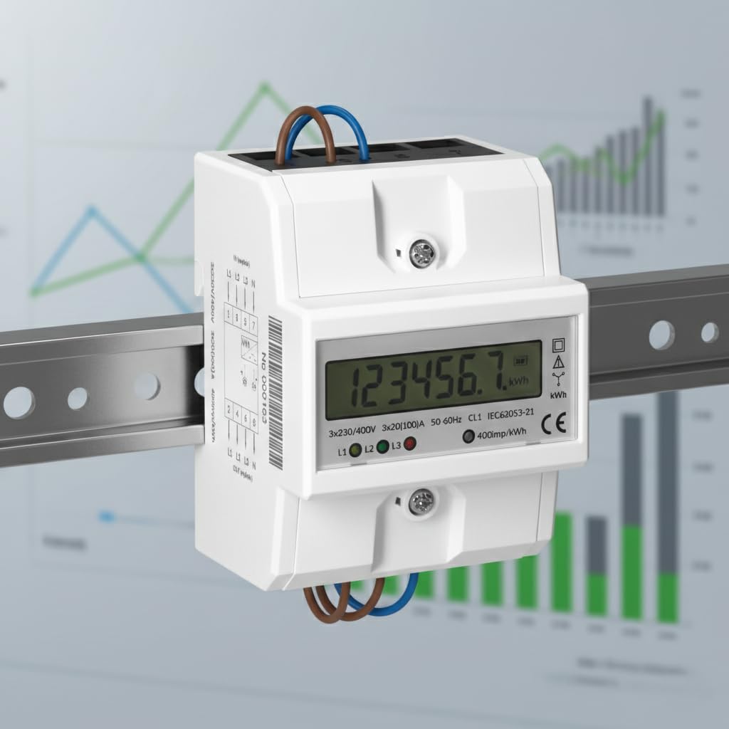 Indicador Medidor de Energia Trifasico 3x230/400 V - 100A Medidor De Consumo Electrico Montaje Carril DIN TH-35mm, Protección IP51