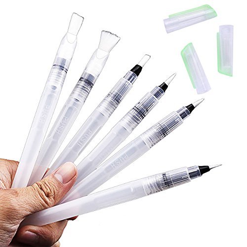 Acrux7 Water Brush Pen Set, Flat/Round Paint Brushes Tip: Fine/Medium/Large, 6pcs Assorted Self-moistening PaintBrushes for Watercolor Gouache Painting, Face Paint Coloring and Ink Calligraphy