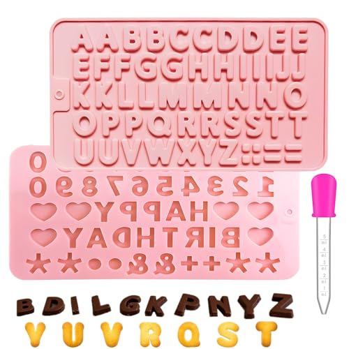 2 Stück Buchstaben & Zahlen Silikonformen Backen Set mit Pipetten, Gießformen Buchstaben Silikon Schokoladenform Backen Zubehör für Schokolade, Kuchen, Eiswürfel, Seife, Fondant