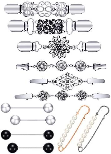 12 Pieces Vintage Sweater Shawl Clips Retro Cardigan Collar Clips Flower Pattern Shirt Dresses Clips Faux Pearl Brooch Pins for Women Girls (Stylish Design)