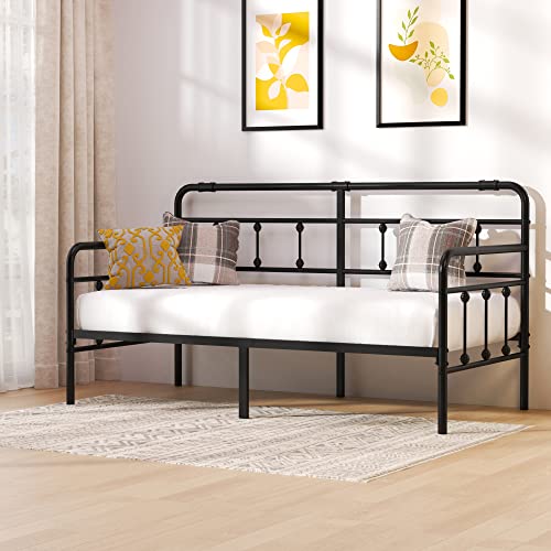 Debercu Daybed-Twin-Size-Metal-Bed-Frame - Classic Steel Slat Support with Mattress Foundation,Multifunctional Bed Sofa with Headboard(Black)