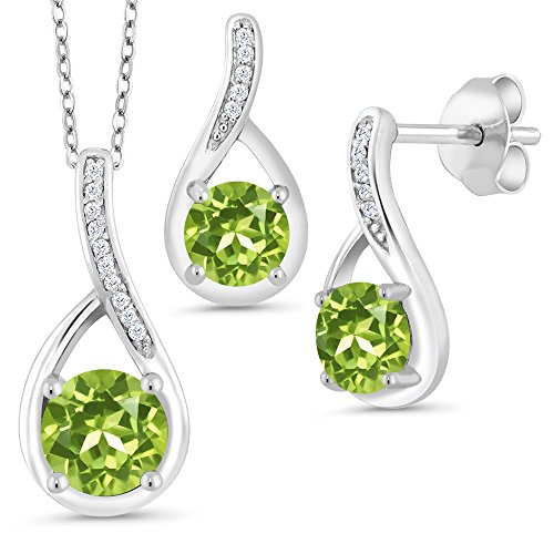 Gem Stone King 925 Sterling Silver Round Green Peridot And White Diamond Pendant Earrings Set For Women (1.99 Cttw, With 18 Inch Silver Chain) #TOP10