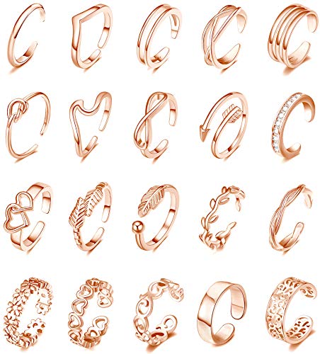 SHIWE 20PCS Adjustable Toe Rings for Women Rose Gold Silver Hypoallergenic Open Toe Ring Set Women Beach Foot Jewelry
