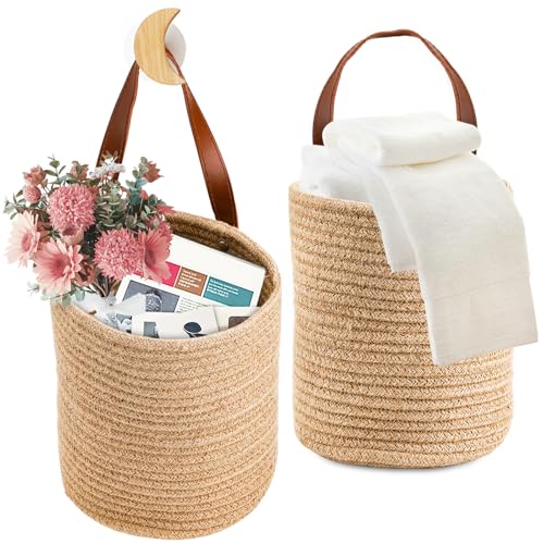 YOUEON Set of 2 Jute Hanging Basket 7.8' x 6.7', Small Wall Hanging Planter Baskets, Natural Jute Woven Storage Basket for Flower Plants Towels Sunglasses Wallet Keys, Boho Decor