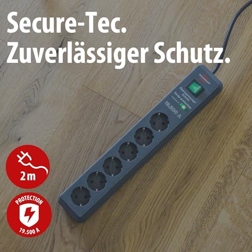 Brennenstuhl Secure-Tec Steckdosenleiste 6-Fach mit Überspannungsschutz (Mehrfachsteckdose mit 2m Kabel und Schalter, Engineered in Germany) grau