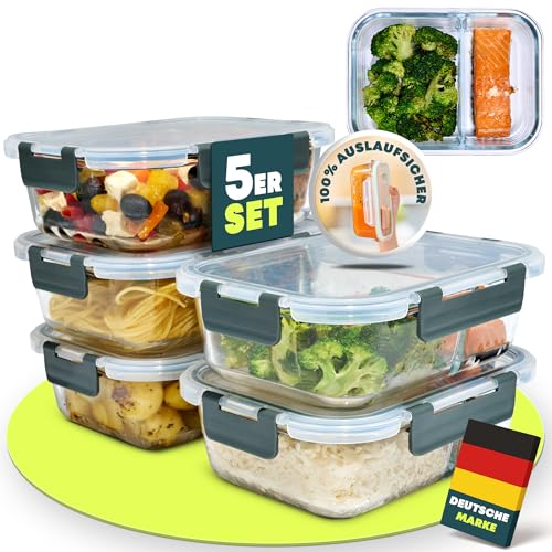 uandu Boîte Conservation Verre 5 Pièces 2 Compartiments – Boîtes Alimentaires Hermétiques, Boite Rangement Cuisine, Meal Prep, Four & Congélateur