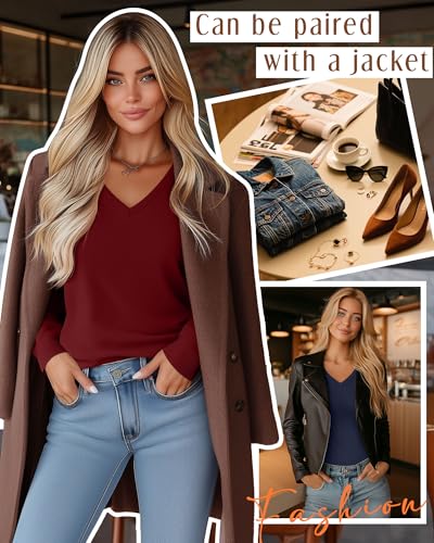 Riyiper 3 Pack Women's V Neck Sweater, Long Sleeve Lightweight Tops Casual Solid Color Pullover Loose Knit Classic Sweaters3