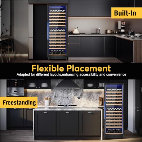Image of Wine Fridge Dual Zone, Freestanding Wine Cooler Refrigerator 180 Bottles Large Capacity with Sliding Rail Wooden Shelves and Door Lock, Black
