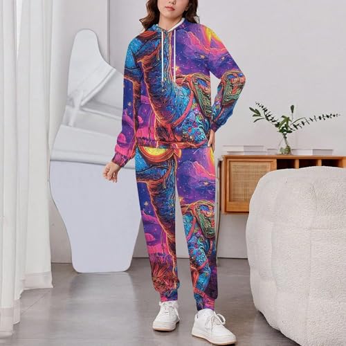 Boys Girls Hoodie Pants Hooded Sweatshirt Sweatpant 2 Piece Clothing Set, Dinosaur Hippie Neon2