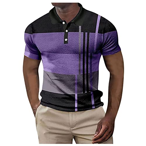 Striped Color Block Lapel Polo Shirt Men Stylish Casual Henley Shirt Short Sleeved Tennis Shirt Golf Bowling Camp Purple #TOP1