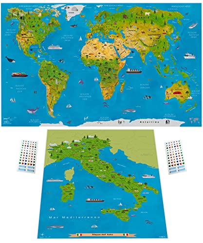 WIDETA Mappa del mondo illustrata in italiano/Poster XXL (82 x 44 cm), Carta solida plastificata (grammatura 300g/m²) / Bonus grande mappa dell'Italia y adesivi