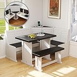 Breakfast Nook Set 3-4 Seat L-Shaped with Charging Ports, Hidden Storage - Space Saving Corner Kitchen Dining Table & Bench Set - Farmhouse Family Home White Black Wood