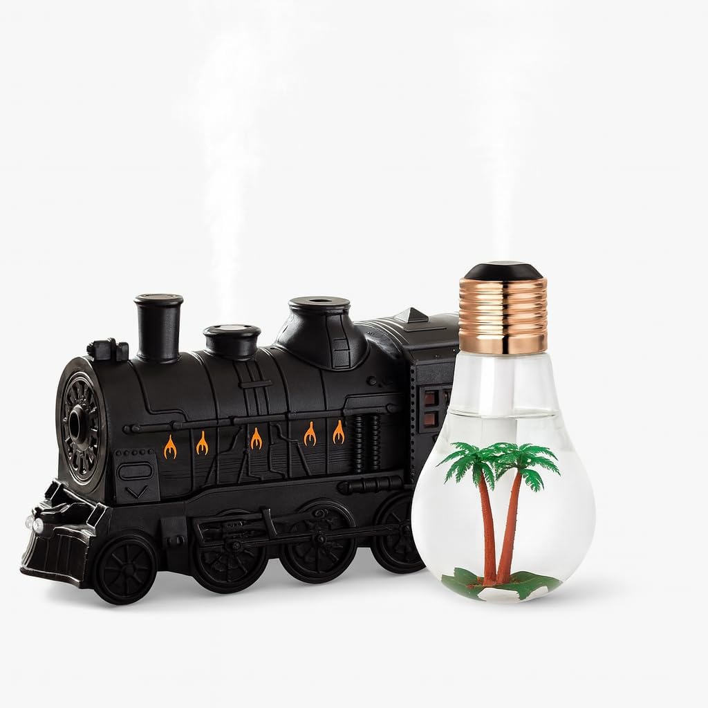 Vintage Train Steam Diffuser, Dual-Mist Cool Mist Machine, 300ml Retro Engine Decor for Bedroom & Office, Quiet Ultrasonic Design with Bonus Bulb Mister (Black)