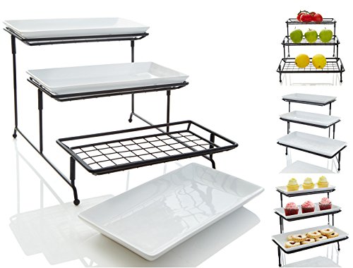 Unique 3 Tier Mesh Serving Stand with Server Platters - Three White Porcelain