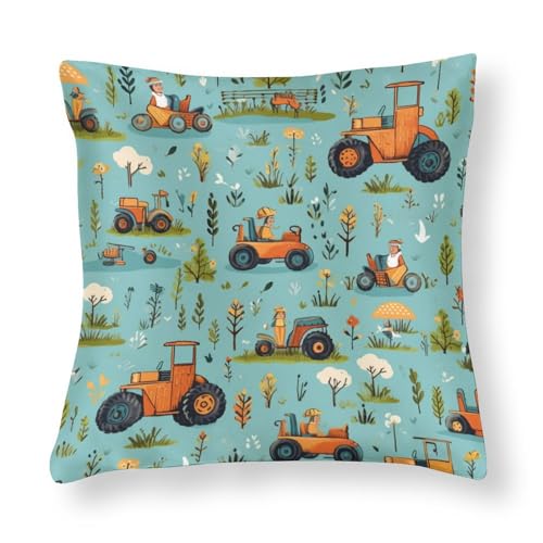 HighonHi Satin Cushion Covers Cartoon Farm Tractor Throw Pillow Cover Square Construction Car Harvester Tractor Cooling Pillow Cases Zippered Decor for Sofa Couch 26