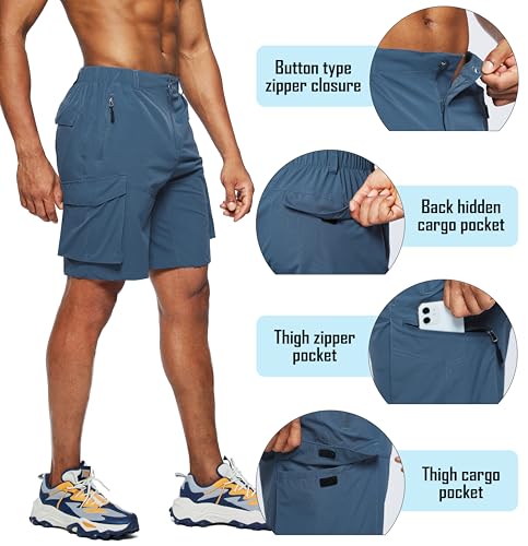 Pudolla Men\'s Hiking Cargo Shorts Quick Dry Outdoor Travel Shorts for Men with 5 Pocket for Fishing Camping Casual (Dark Blue Large)