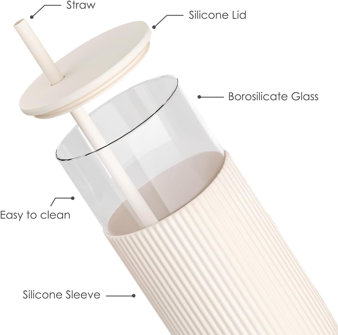 SANDJEST Glass Tumbler with Straw and Lid, Glass Water Bottle with Silicone Sleeve 20oz, Smoothie, Iced Coffee Cup, Gifts for Women Teen Girls Birthday Christmas (Cream) - Image 2